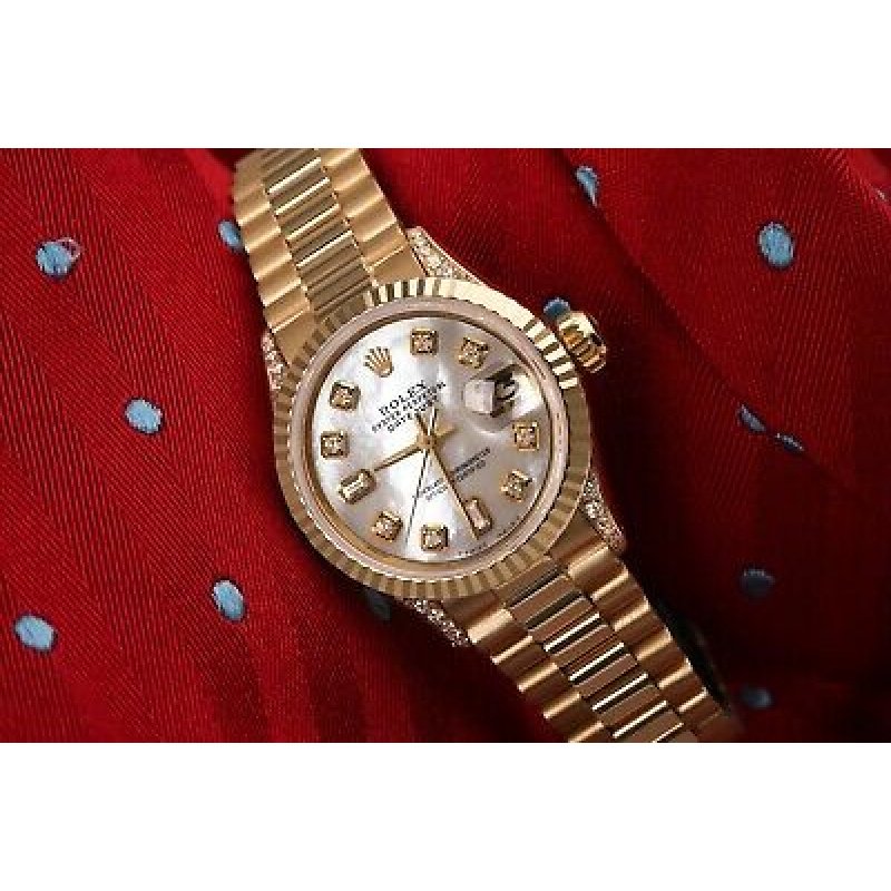 Rolex 26mm Presidential 18kt Gold White MOP Mother Of Pearl Baguette Diamond Dia