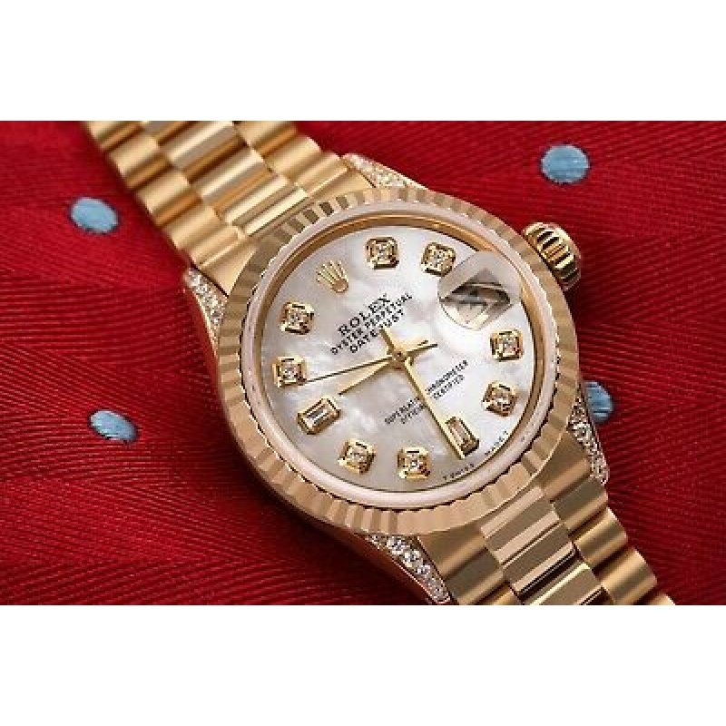 Rolex 26mm Presidential 18kt Gold White MOP Mother Of Pearl Baguette Diamond Dia