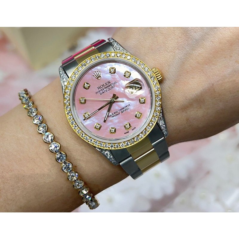 Rolex 36mm Datejust Pink Mother Of Pearl Diamond Dial 2 Tone Watch Oyster Band