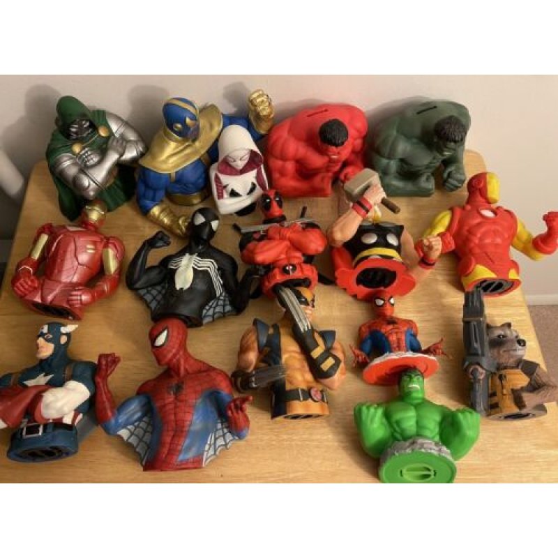 Giant Lot Of Marvel Super-Heroes Bust Figure Coin Banks! Lot Of 16 Unique Banks!