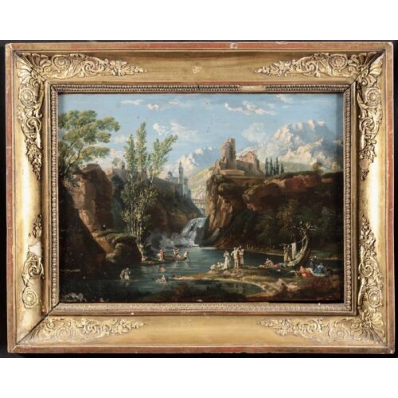 18th CENTURY ITALIAN OLD MASTER OIL ON PANEL - FIGURES BATHING BY WATERFALL