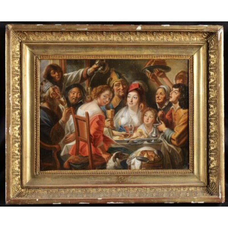 EARLY 19th CENTURY FRENCH OIL CANVAS - JACOB JORDAENS - FIGURES INTERIOR
