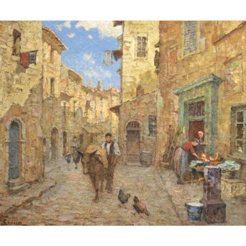 SOPHUS LEVINSEN (1869-1943) LARGE SIGNED FRENCH OIL BOARD - FIGURES IN TOWN