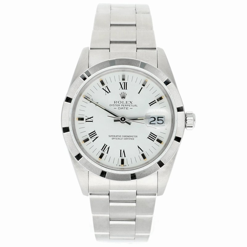 Unisex Rolex Date Stainless Steel Watch Oyster White Roman Dial 15010 Circa 1988