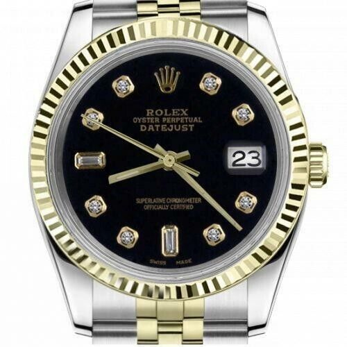 ROLEX DATEJUST 36 MM BLACK BAGUETTE DIAMOND DIAL JUBILEE BAND TWO TONE  WATCH