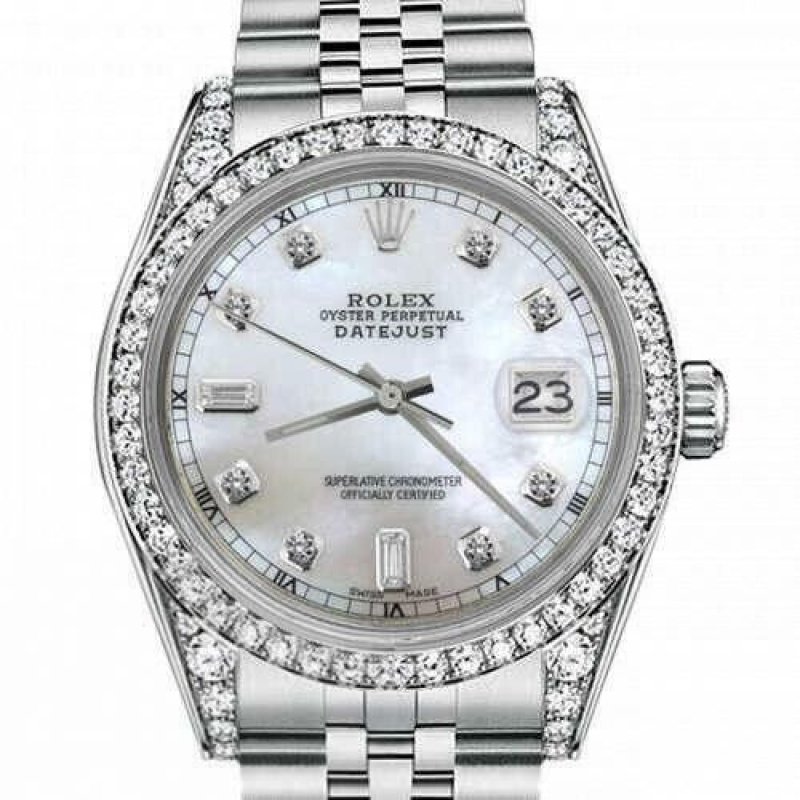 ROLEX DATEJUST 31 MM WHITE PEARL BAGUETTE DIAL DIAMOND BEZEL/LUGS STEEL WATCH