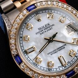 ROLEX DATEJUST SAPPHIRE 36 MM WHITE PEARL BAGUETTE DIAL TWO TONE DIAMOND WATCH