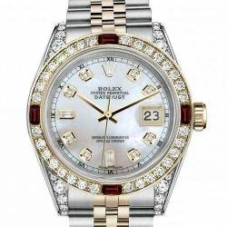 ROLEX DATEJUST RUBY 36 MM WHITE PEARL BAGUETTE DIAL TWO TONE DIAMOND WATCH