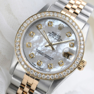 ROLEX DATEJUST 31MM WHITE PEARL DIAL DIAMOND BEZEL TWO TONE JUBILEE WATCH