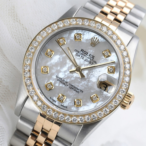 ROLEX DATEJUST 31MM WHITE PEARL DIAL DIAMOND BEZEL TWO TONE JUBILEE WATCH
