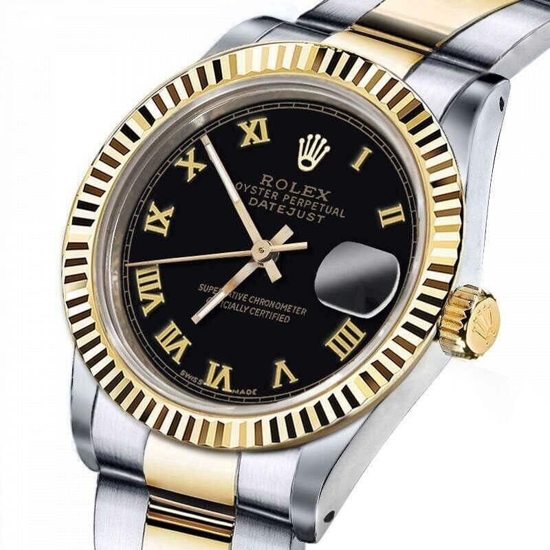 ROLEX DATEJUST 36 MM BLACK ROMAN NUMERAL DIAL OYSTER BAND 18K GOLD & STEEL WATCH