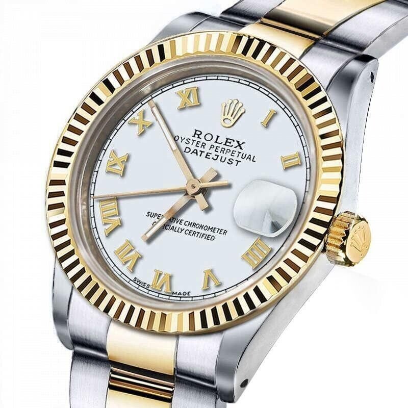 ROLEX DATEJUST 36 MM WHITE ROMAN NUMERAL DIAL OYSTER BAND TWO TONE WATCH