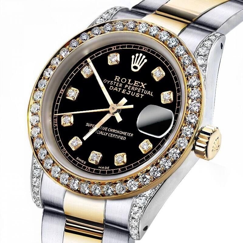 Rolex 36mm Datejust Two Tone Black Color Dial with Diamond Bezel+Lugs Luxury