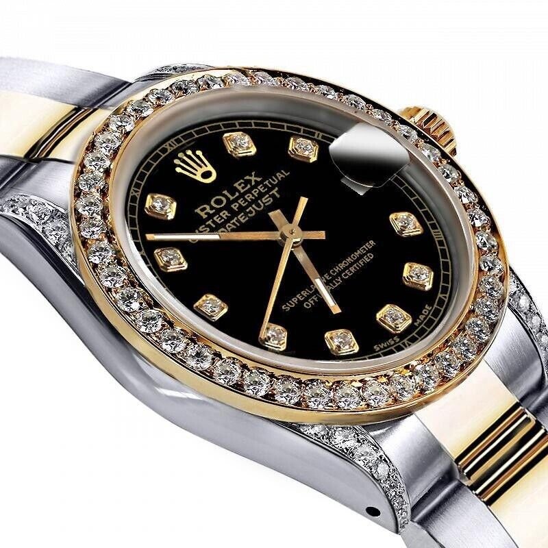 Rolex 36mm Datejust Two Tone Black Color Dial with Diamond Bezel+Lugs Luxury