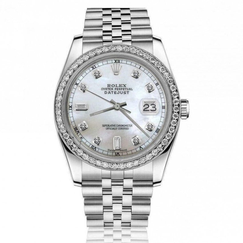 ROLEX DATEJUST 36 MM WHITE PEARL BAGUETTE DIAL DIAMOND BEZEL STEEL WATCH