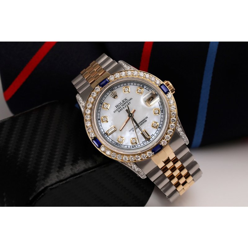 ROLEX DATEJUST SAPPHIRE 36 MM WHITE PEARL BAGUETTE DIAL TWO TONE DIAMOND WATCH