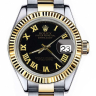 ROLEX DATEJUST 36 MM BLACK ROMAN NUMERAL DIAL OYSTER BAND 18K GOLD & STEEL WATCH